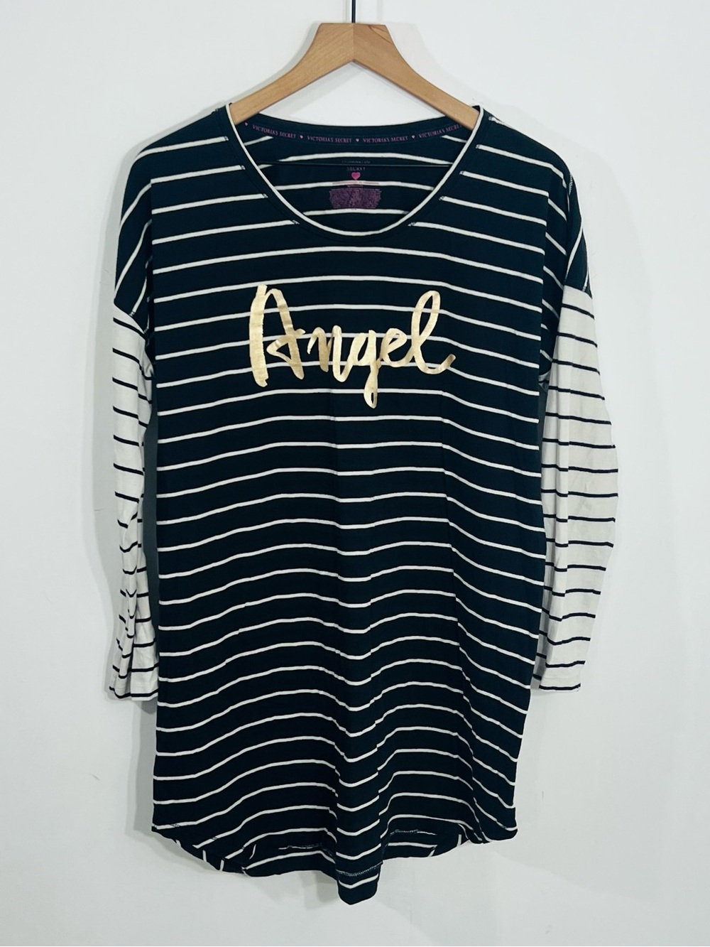 Victoria's Secret Black White Striped Scoop Neck Sleep Dress ANGEL Grapic PJs L